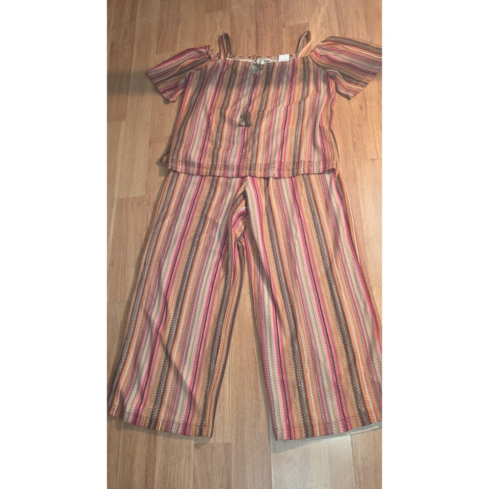 Cato Plus Sportswear 2 Piece Set Orange Striped Cold Shoulder Top Wide Leg Pants